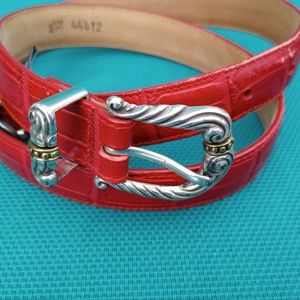 Brighton Belt ML 32" 44412 Red Croc Embossed Silver tone Buckle Belt